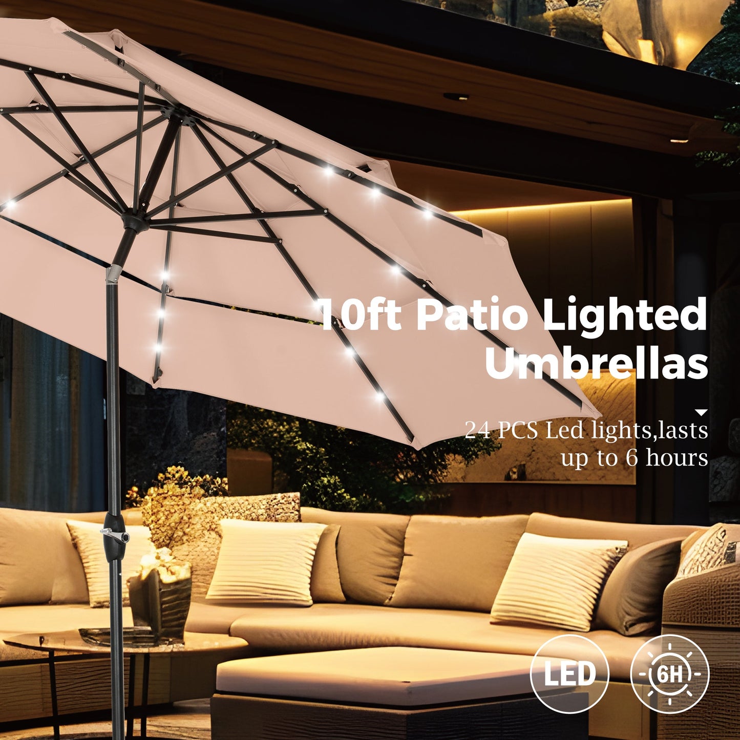 Alpha Joy 10ft 3-Tier Auto-Tilt Patio Umbrella, Steel Pole & Ribs ¨C Double Vented, Solar Lights, Beige