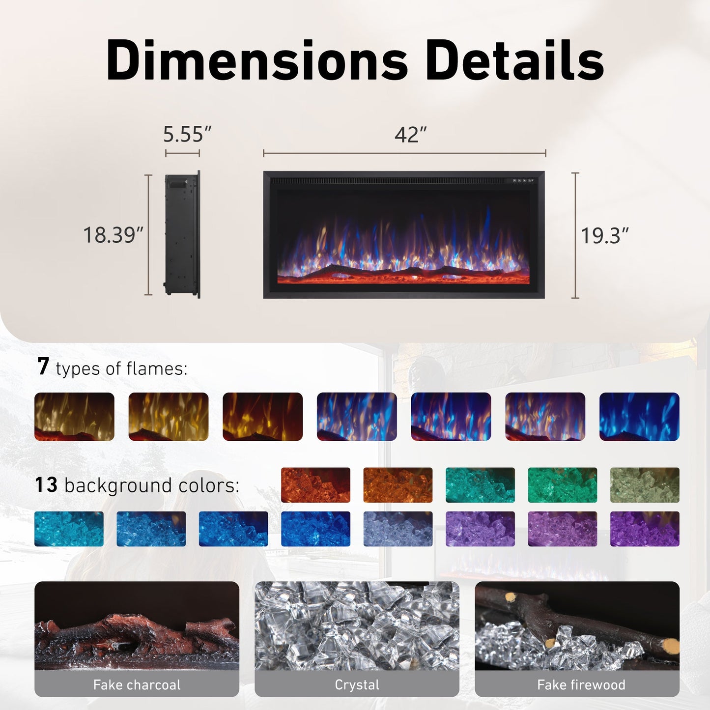 S&W 42" Electric Fireplace, Ultra-Slim Frame Recessed & Wall Mounted Fireplace Insert, Adjustable Flame Color & Speed, Remote Control