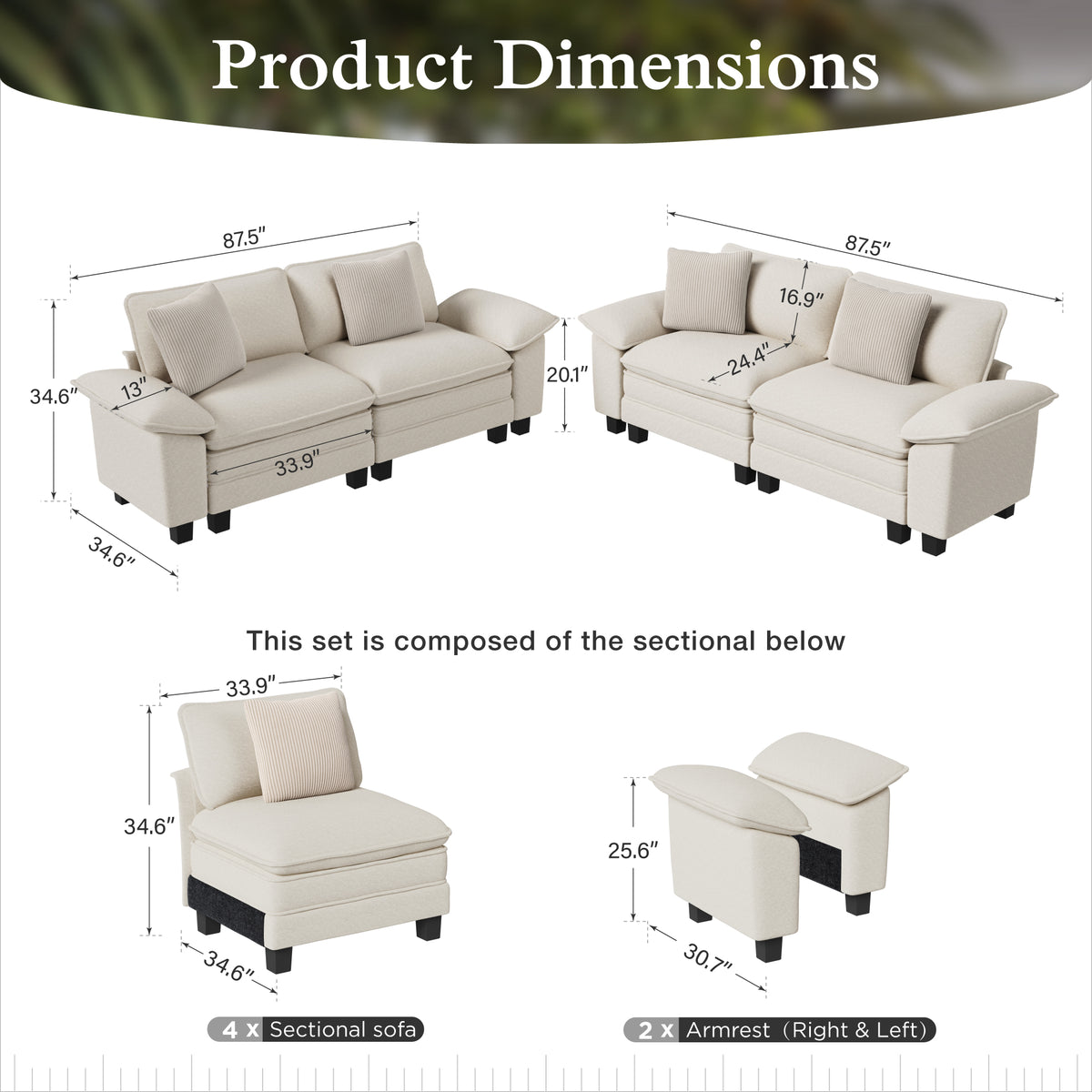 Sophia&William Modular Sectional Sofa Sets, Modern Chenille Cloud Couch Sofa Set 4-Seater Oversized Sectional Sofa with 4 Pillows for Living Room,White