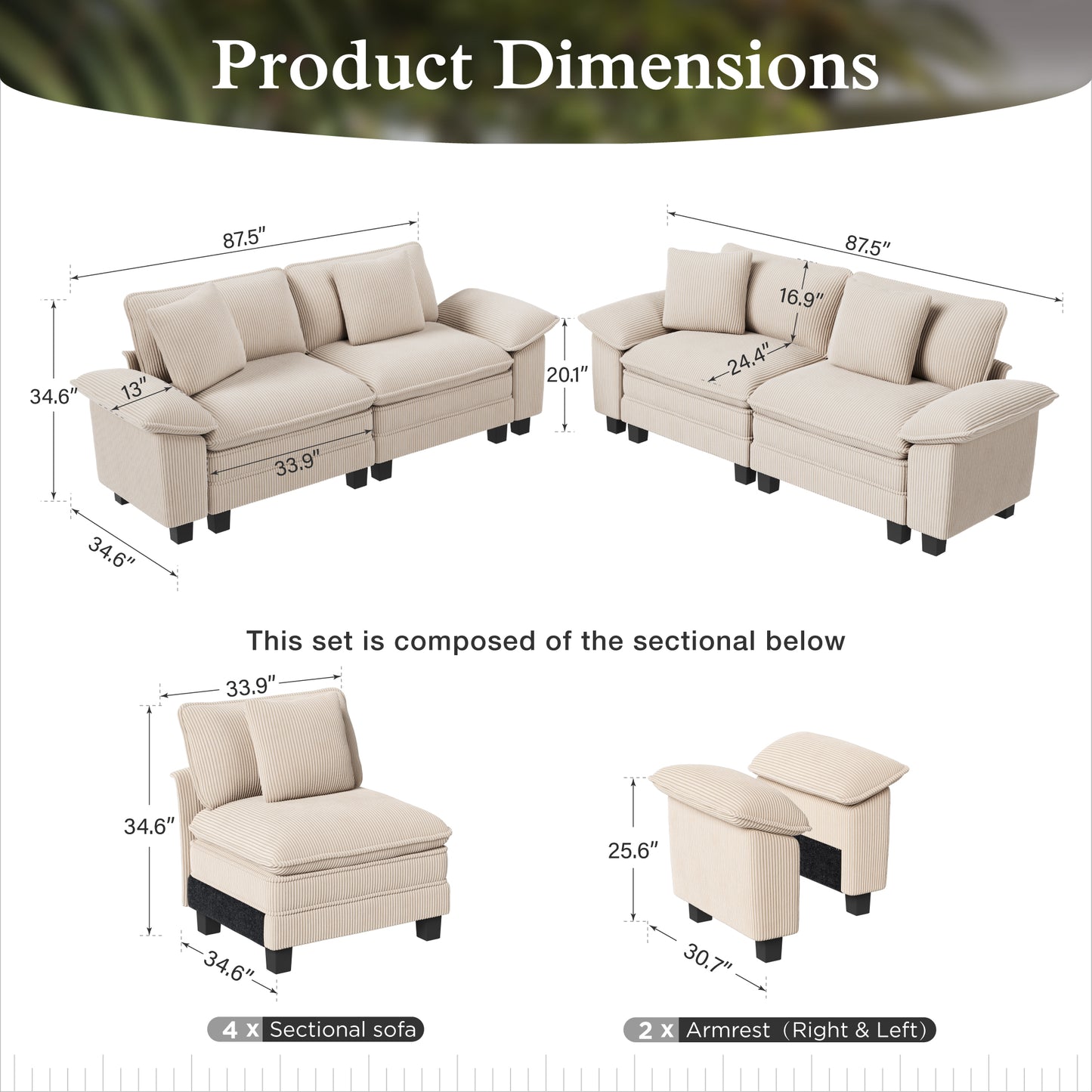 Sophia&William Modular Sectional Sofa Sets, Modern Corduroy Cloud Couch 4-Seat Deep Sofa Oversized Sectional with 4 Pillows for Living Room,Beige