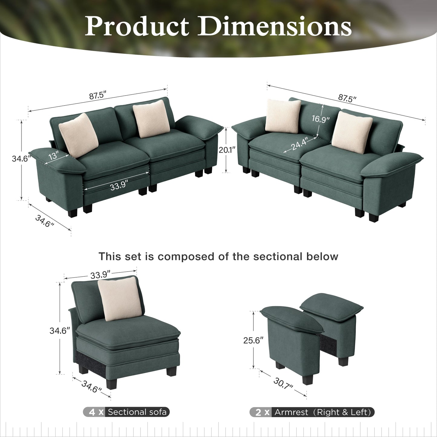 Sophia&William Convertible Sectional Sofa Couch, Modern Chenille Couch 4-Seat Deep Sofa Modular Sectional with 4 Pillows for Living Room,Green