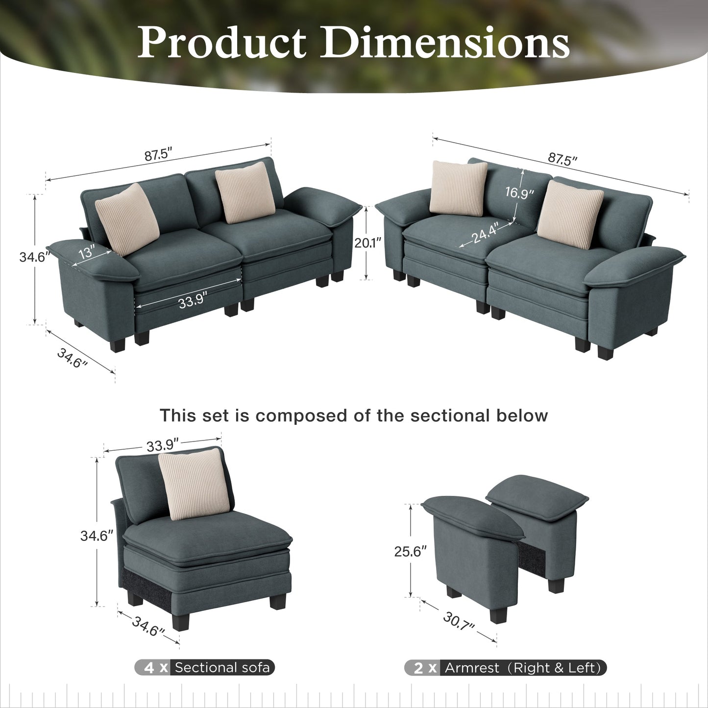 Sophia&William Convertible Sectional Sofa Couch, Modern Chenille Couch 4-Seat Deep Sofa Modular Sectional with 4 Pillows for Living Room,Blue