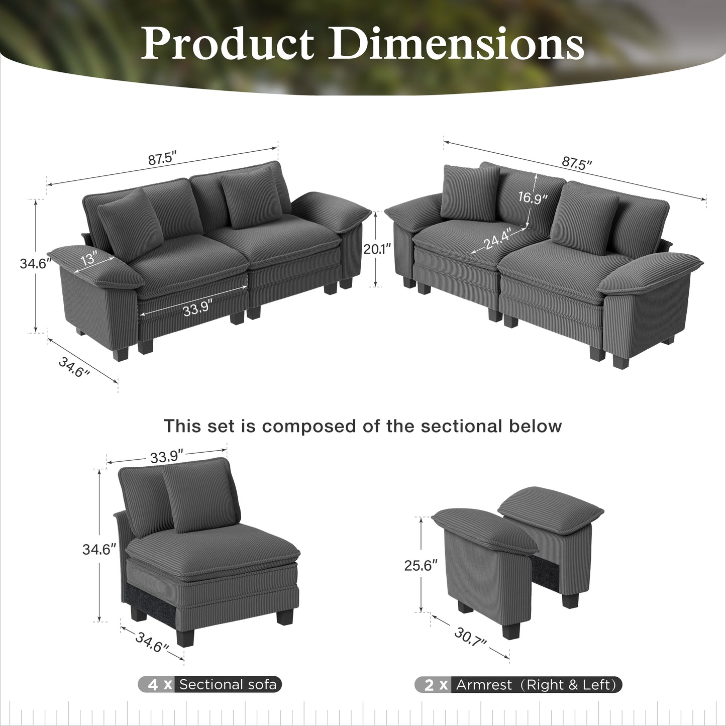 Sophia&William Modular Sectional Sofa Sets, Modern Corduroy Cloud Couch Sofa Set 4-Seater Oversized Sectional Sofa with 4 Pillows for Living Room,Gray
