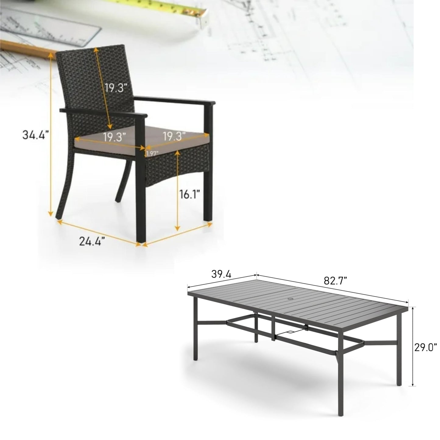 Sophia & William 9-Piece Outdoor Patio Dining Set Metal Table and Rattan Chairs Set for 8, Black & Beige