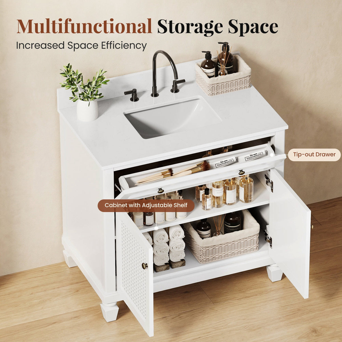 Sophia & William 36" Bathroom Vanity with 7.1" Deep Sink Freestanding Wood Bathroom Cabinet Vanity with 2 Doors, White