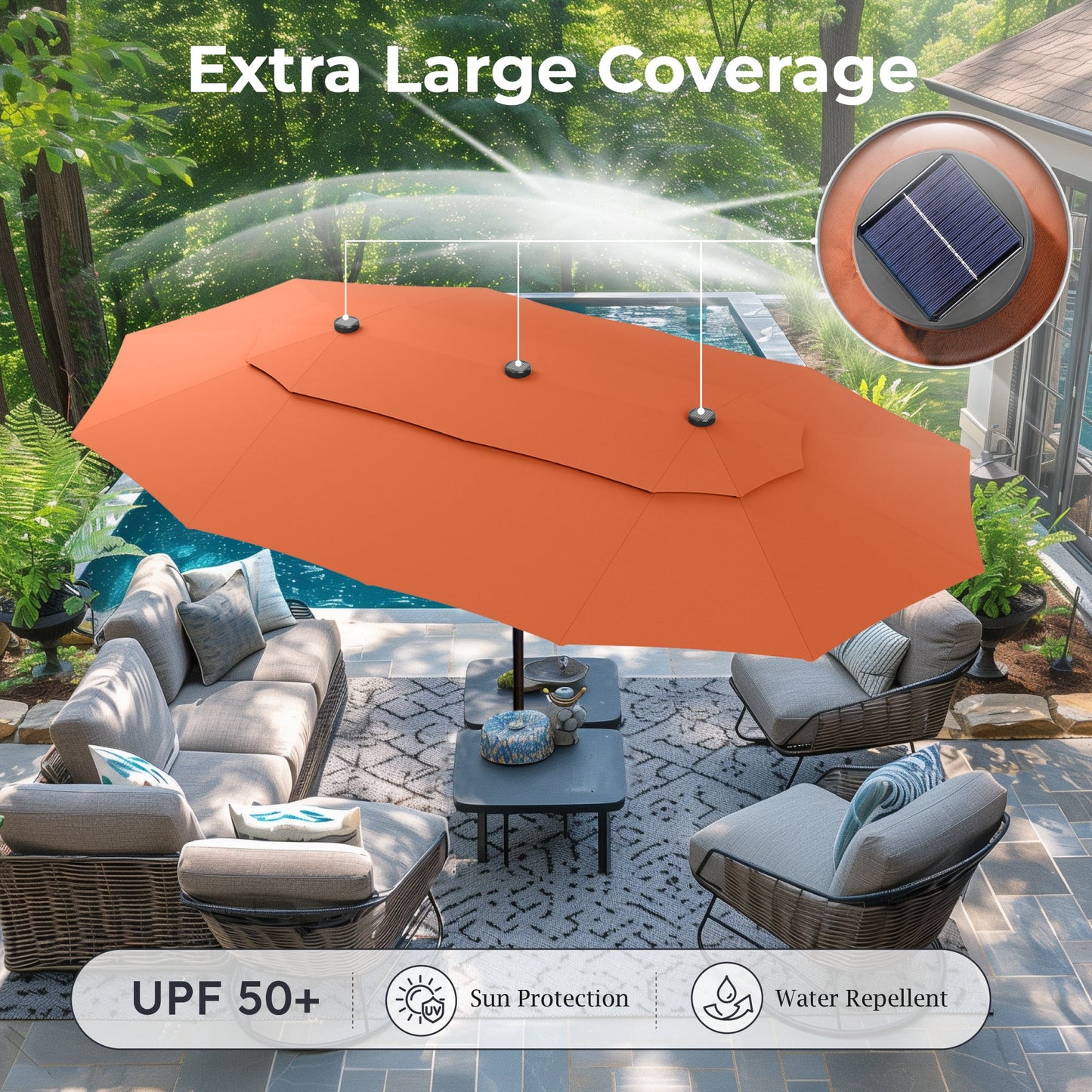 Alpha Joy 15ft Extra Large Outdoor Patio Umbrella Double-Sided Ventilation Umbrella with Led Lights & Umbrella Base, Orange Red