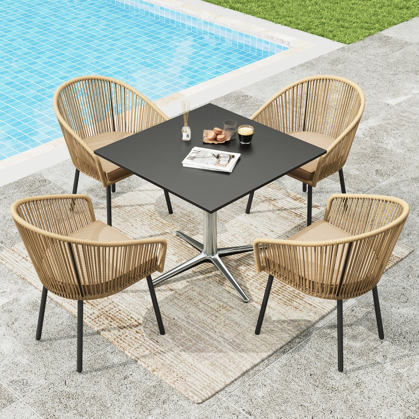 Sophia & William 5 Pieces Outdoor Patio Dining Set, Metal Square Dining Table and Wicker Rattan Chairs Set for 4, Black Placer Gold