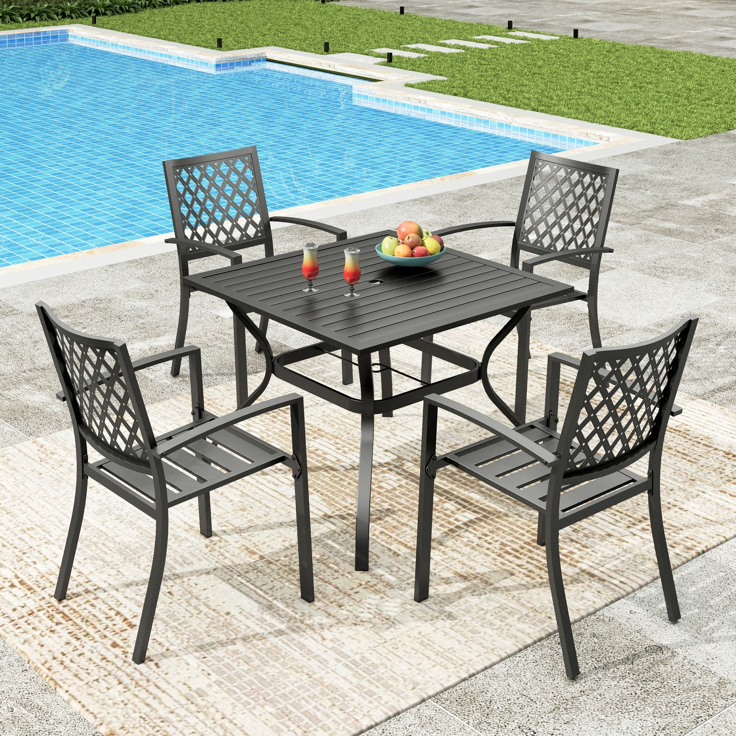 Sophia & William 5 Peices Metal Patio Dining Set Outdoor Furniture Table and Stackable Stackable Chairs Set for 4 People, Black