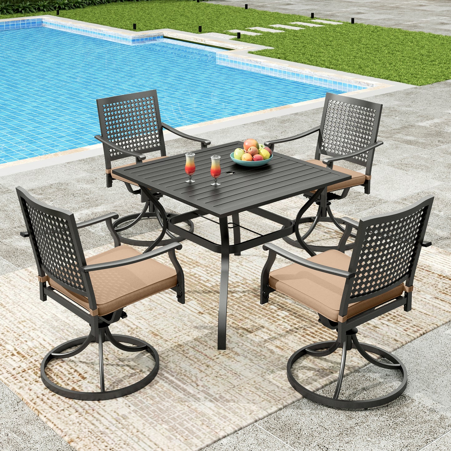 Sophia&William 5Pcs Patio Dining Set Outdoor Metal Swivel Chairs and Square Table w/3.2inch  Beige Cushion for 4