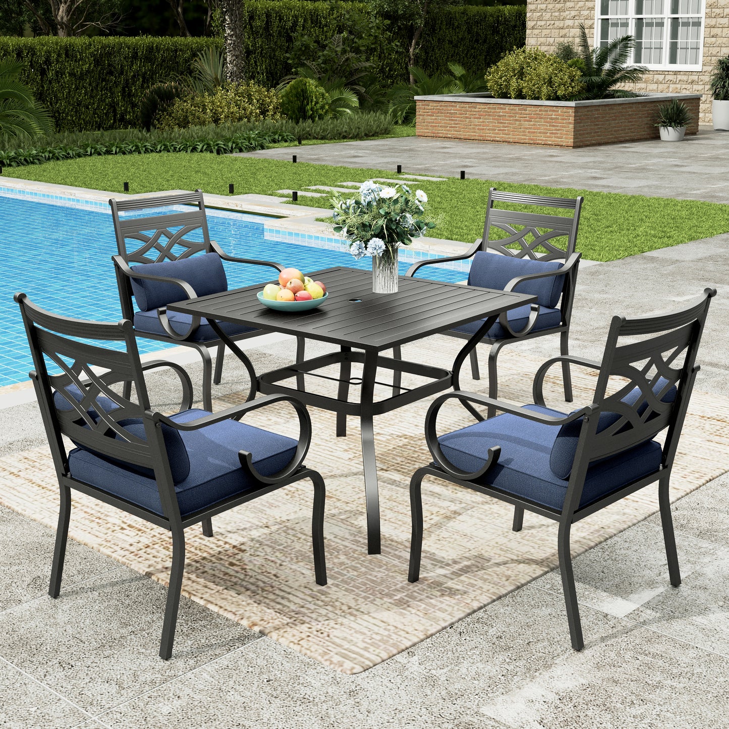 Sophia&William 5-Piece Outdoor Patio Dining Set Metal Cushioned Chairs and 37  Square Table Furnitre Set with 4  Cushion, Navy Blue