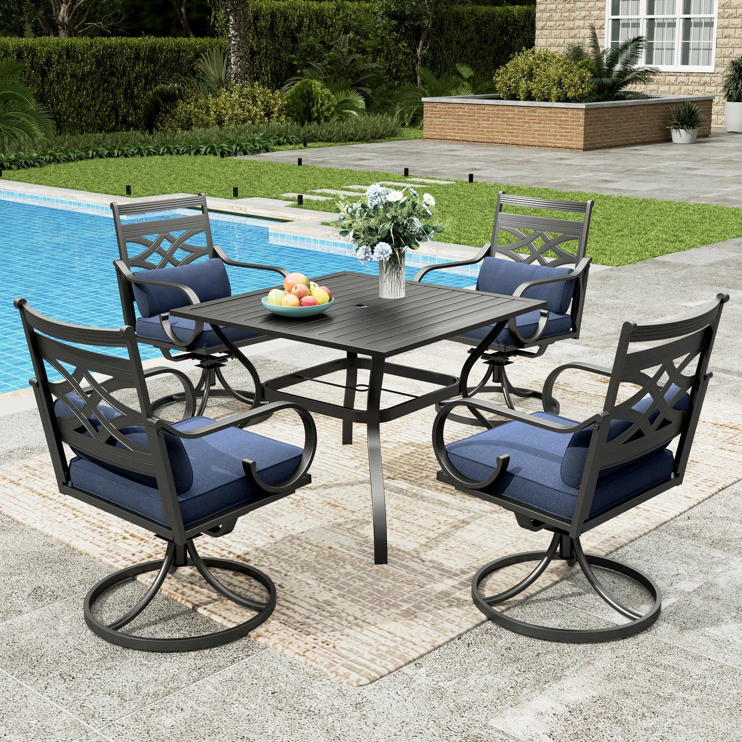 Sophia & William 5-Piece Outdoor Patio Dining Set Cushioned Swivel Chairs and Steel Square Table Set with Cushion, Navy Blue