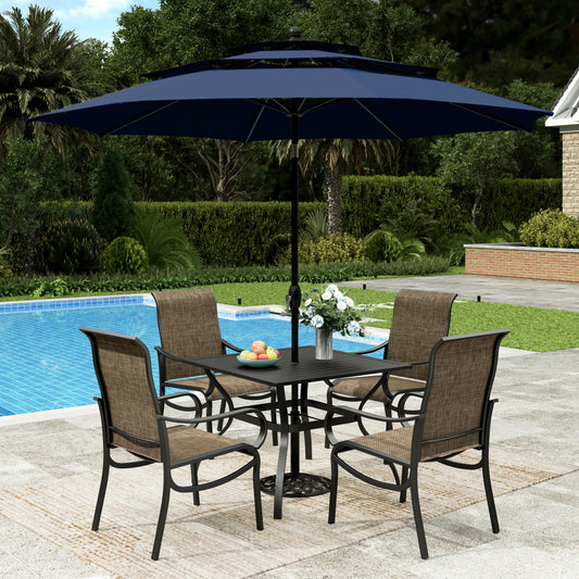 Sophia & William 6Pcs Outdoor Patio Dining Set with 10Ft Navy Blue Umbrella Metal Table and Highback Textilene Chairs Set 23inch Deeper Seat Patio Furniture Set