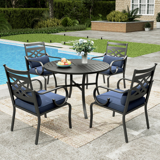 Sophia&William 5-Piece Outdoor Patio Dining Set Metal Cushioned Chairs and 42  Round Table Set with Cushion, Navy Blue