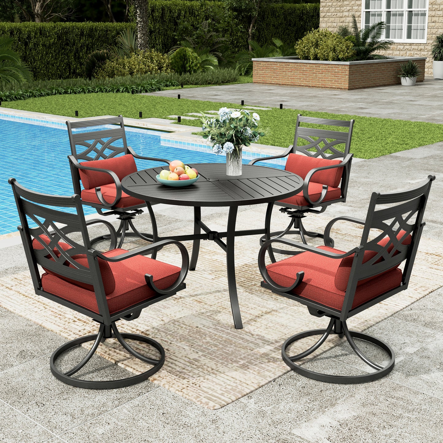 Sophia & William 5-Piece Outdoor Patio Dining Set Cushioned Swivel Chairs and Steel 42  Round Table with Cushion, Red