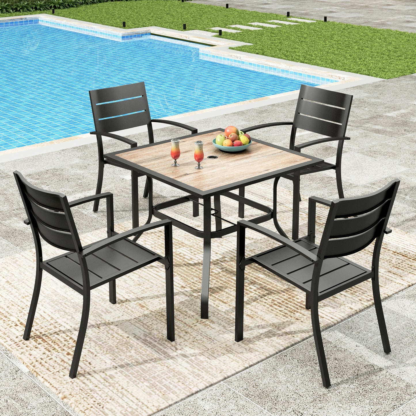 Sophia&William 5Pcs Patio Dining Set Outdoor Metal Stackable Chairs and Square Wooden-like Table-top Table for 4