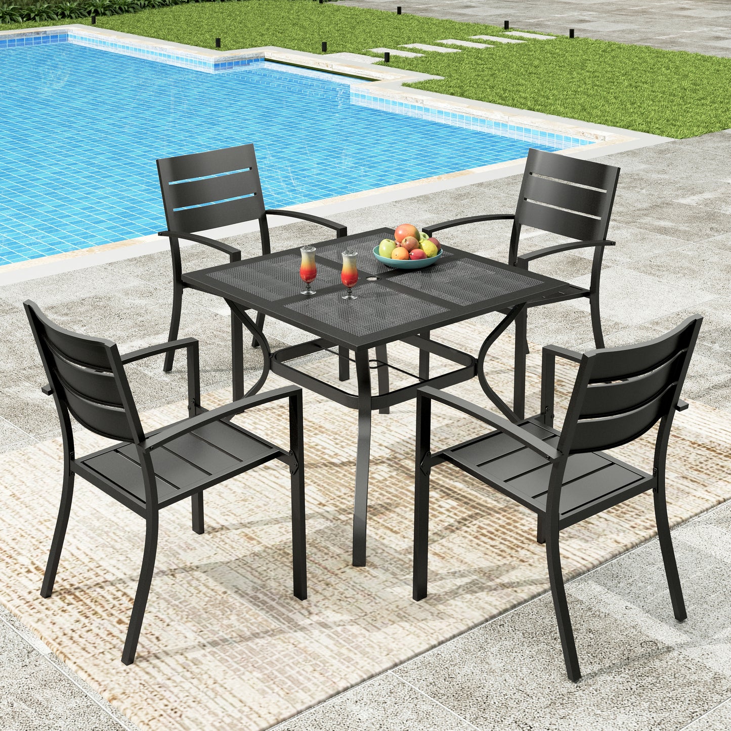 Sophia&William 5Pcs Patio Dining Set Outdoor Metal Stackable Chairs and Square Mesh-table top Table for 4
