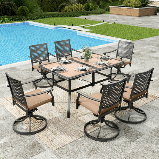 Sophia&William 7Pcs Patio Dining Set Outdoor Metal Padded Swivel Chairs and Rectangular Wooden-like Tabletop Table Furniture Sets for 6