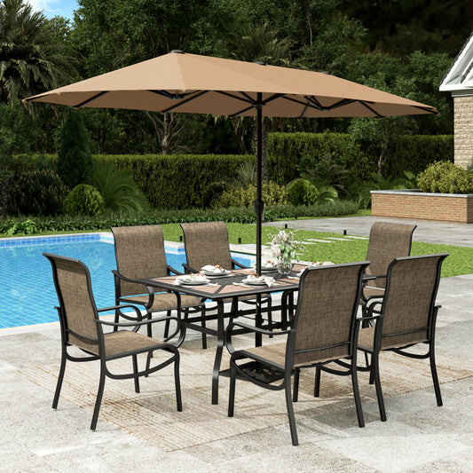 Sophia & William 7Pcs Outdoor Patio Dining Set with 13Ft Beige Umbrella 22.6inch Highback Textilene Chairs and Metal Wood-like Table Furniture Set for 6
