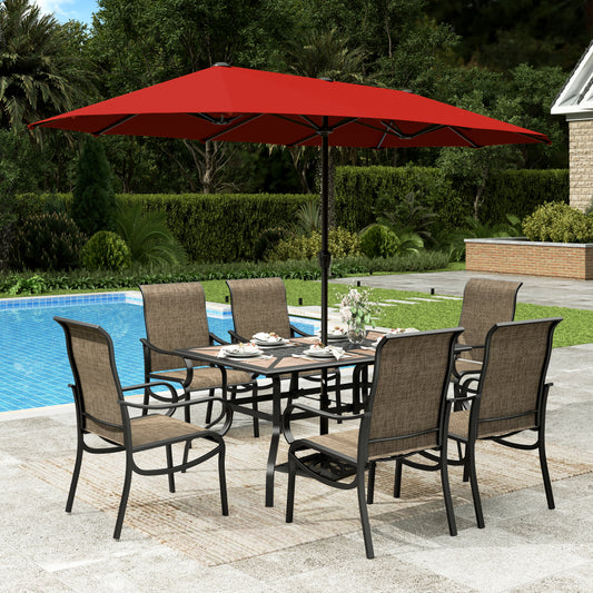 Sophia & William 7Pcs Outdoor Patio Dining Set with 13Ft Red Umbrella 22.6inch Highback Textilene Chairs and Metal Wood-like Table Furniture Set for 6