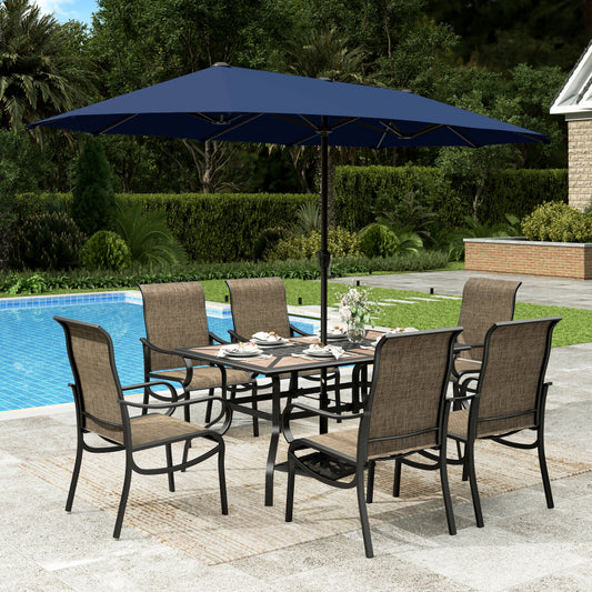 Sophia & William 7Pcs Outdoor Patio Dining Set with 13Ft Navy Blue Umbrella 22.6inch Highback Textilene Chairs and Metal Wood-like Table Furniture Set for 6