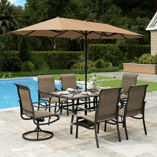 Sophia & William 7Pcs Outdoor Patio Dining Set with 13Ft Beige Umbrella 4 x 22.6inch Highback Textilene Chairs and 2 x Swivel Chairs and Wood-like Table Furniture Set for 6