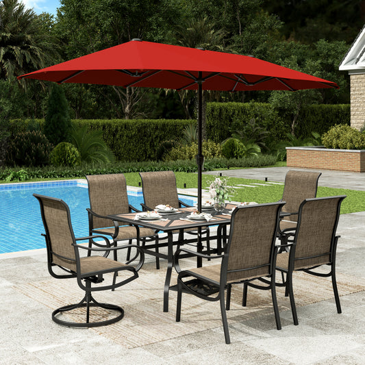 Sophia & William 7Pcs Outdoor Patio Dining Set with 13Ft Red Umbrella 4 x 22.6inch Highback Textilene Chairs and 2 x Swivel Chairs and Wood-like Table Furniture Set for 6