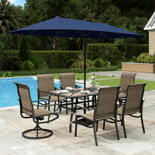 Sophia & William 7Pcs Outdoor Patio Dining Set with 13Ft Navy Blue Umbrella 4 x 22.6inch Highback Textilene Chairs and 2 x Swivel Chairs and Wood-like Table Furniture Set for 6