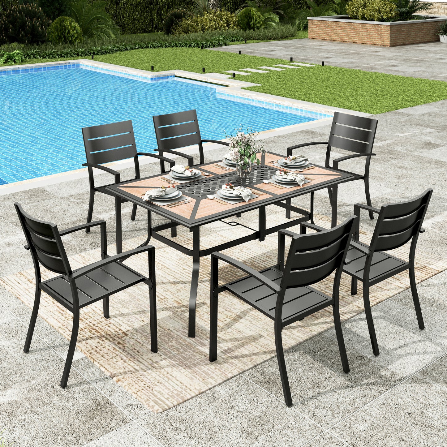 Sophia&William 7Pcs Patio Dining Set Outdoor Metal Stackable Chairs and Rectangular Table Furniture Sets for 6