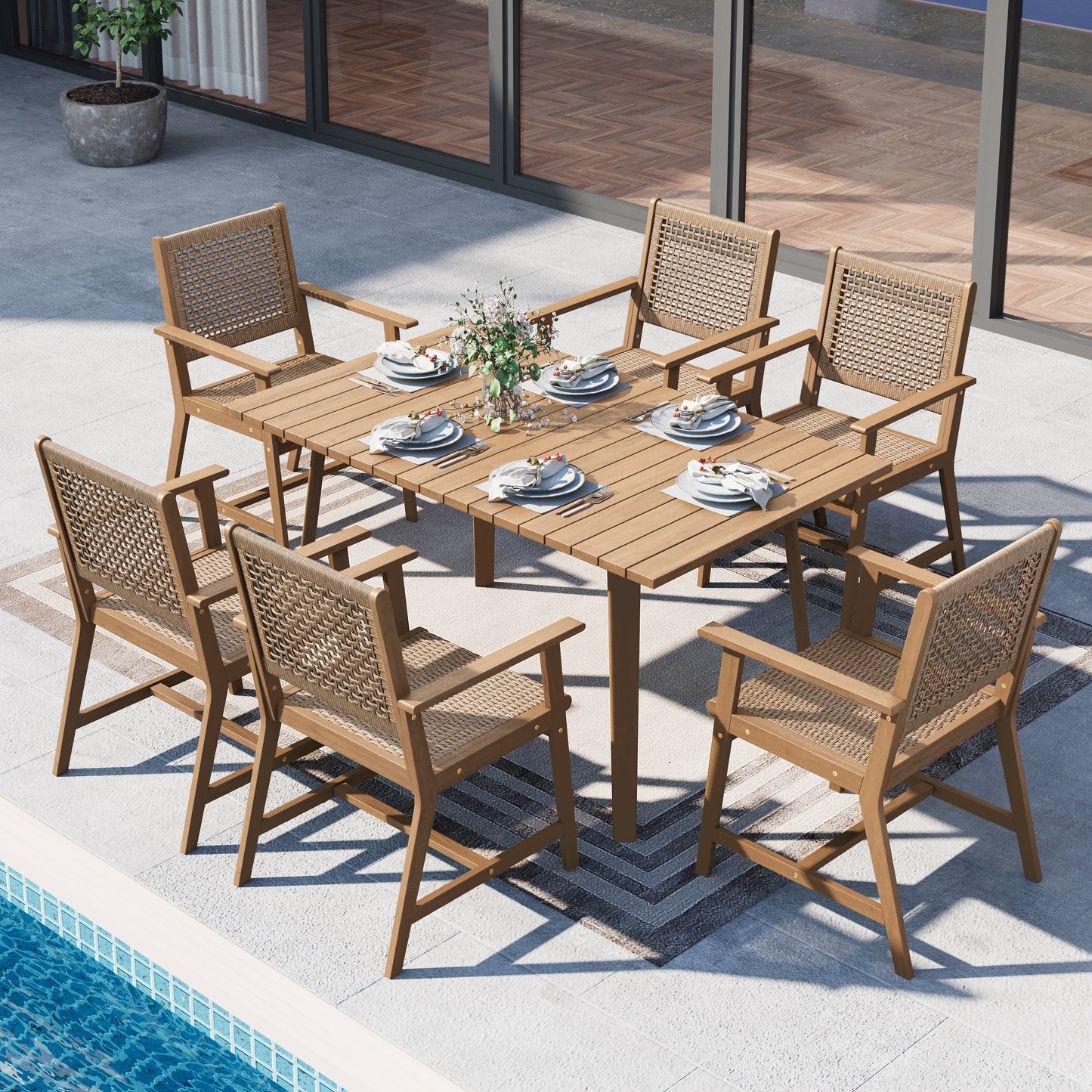 Sophia & William 7 Pieces Acacia Wood Outdoor Patio Dining Set Wicker Rattan Chairs and Rectangle Table Furniture Set for Lawn, Garden, Backyard, Light Brown