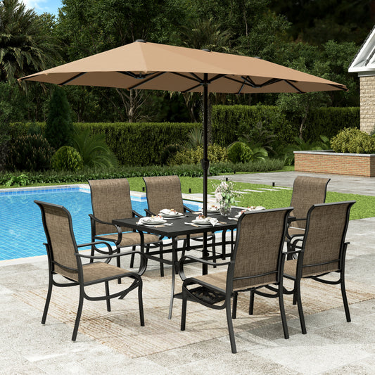 Sophia & William 7Pcs Outdoor Patio Dining Set with 13Ft Beige Umbrella 22.6inch Highback Textilene Chairs and Metal Table Furniture Set for 6