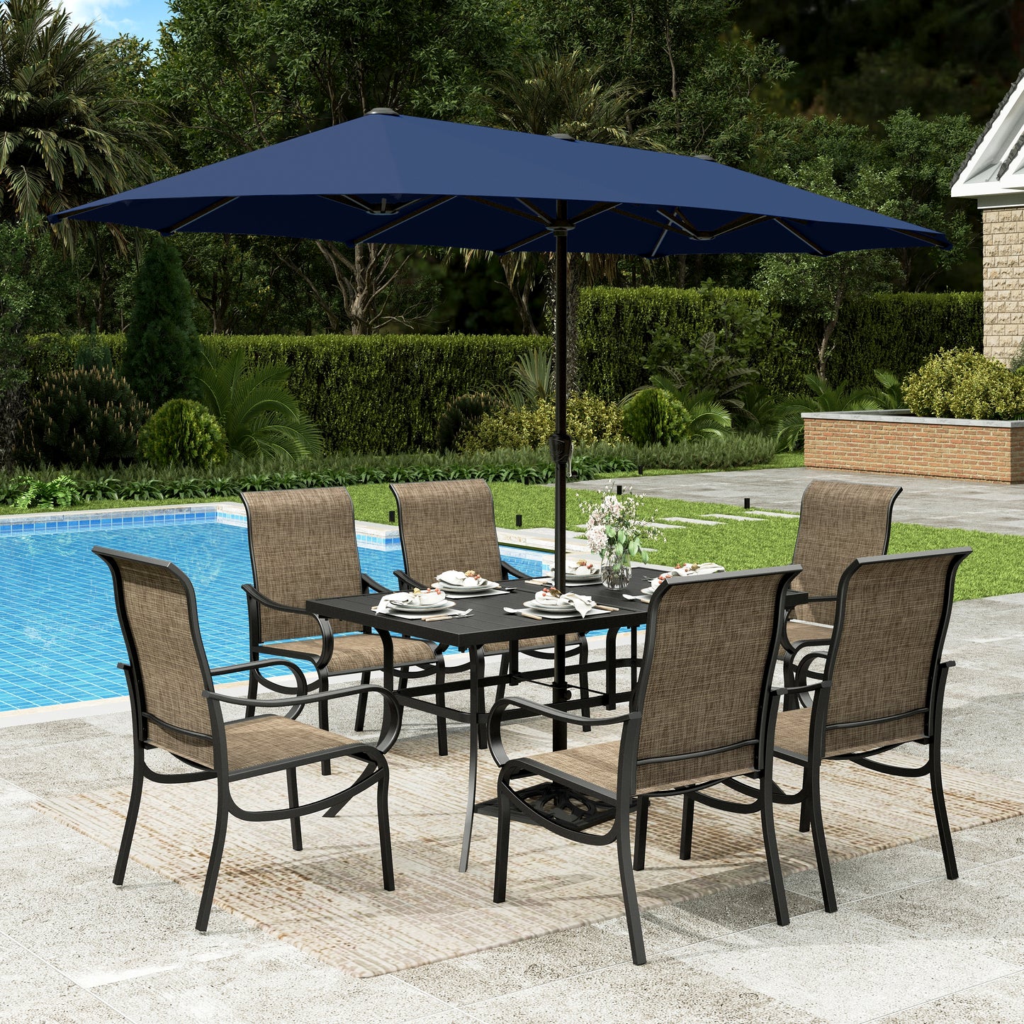 Sophia & William 7Pcs Outdoor Patio Dining Set with 13Ft Navy Blue Umbrella 22.6inch Highback Textilene Chairs and Metal Table Furniture Set for 6