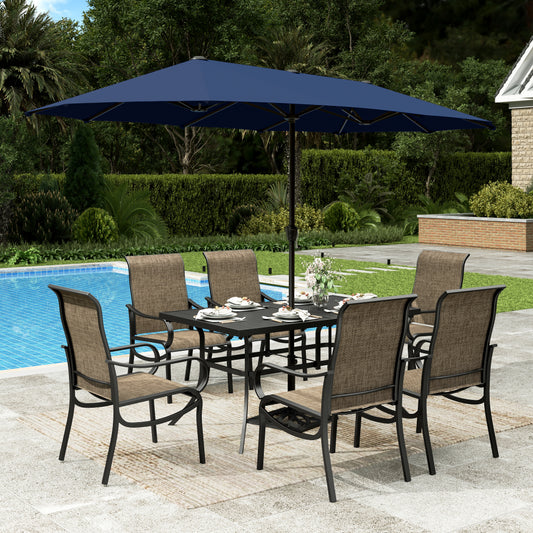Sophia & William 7Pcs Outdoor Patio Dining Set with 13Ft Navy Blue Umbrella 22.6inch Highback Textilene Chairs and Metal Table Furniture Set for 6