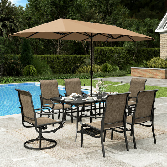 Sophia & William 7Pcs Outdoor Patio Dining Set with 13Ft Beige Umbrella 4 x 22.6inch Highback Textilene Chairs and 2 x Swivel Chairs and Metal Table Furniture Set for 6