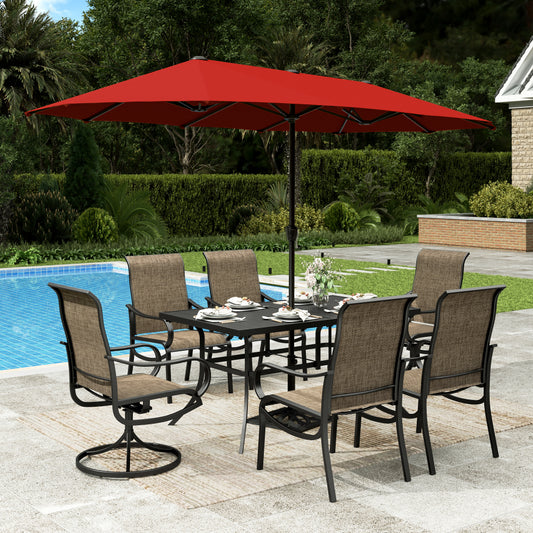 Sophia & William 7Pcs Outdoor Patio Dining Set with 13Ft Red Umbrella 4 x 22.6inch Highback Textilene Chairs and 2 x Swivel Chairs and Metal Table Furniture Set for 6