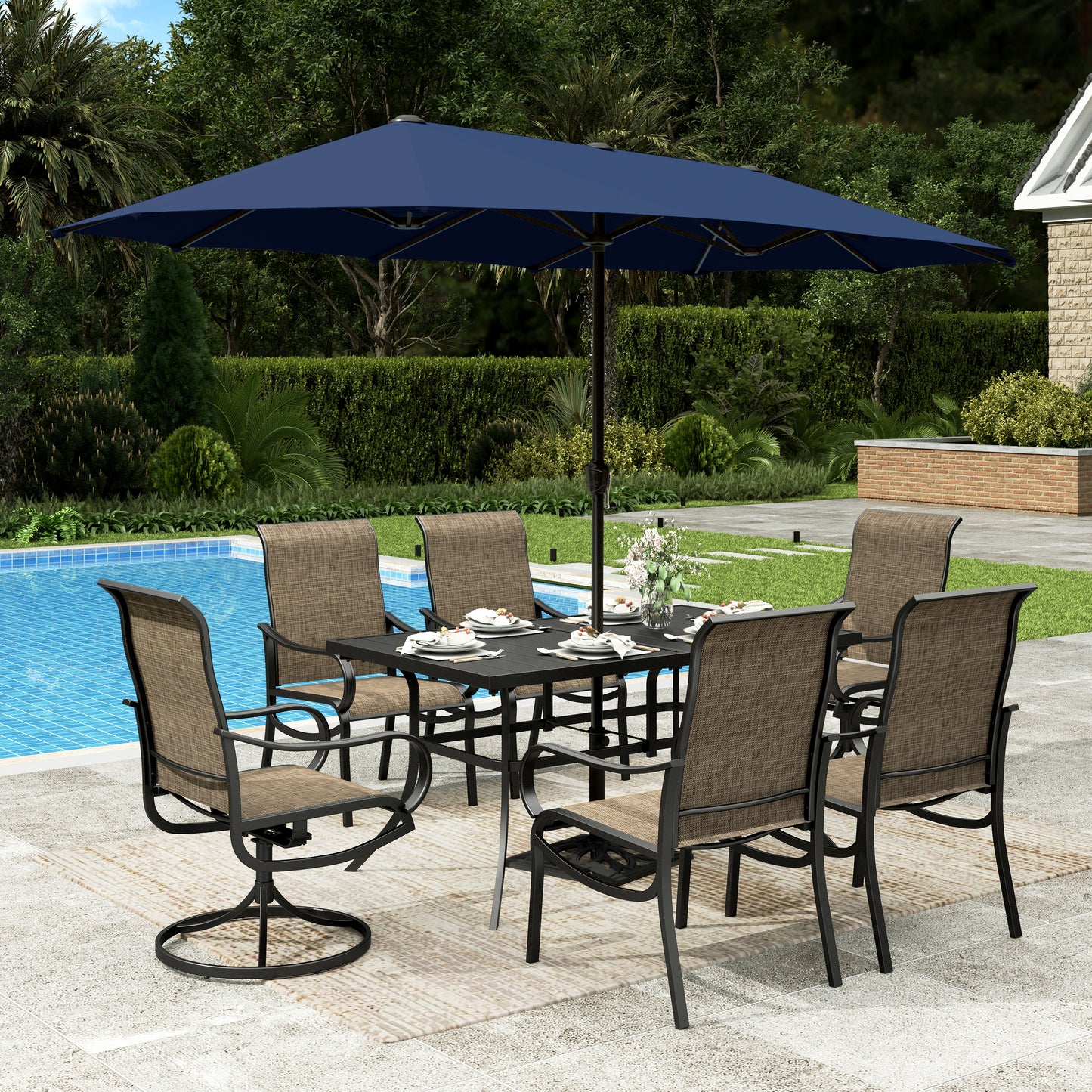 Sophia & William 7Pcs Outdoor Patio Dining Set with 13Ft Navy Blue Umbrella 4 x 22.6inch Highback Textilene Chairs and 2 x Swivel Chairs and Metal Table Furniture Set for 6
