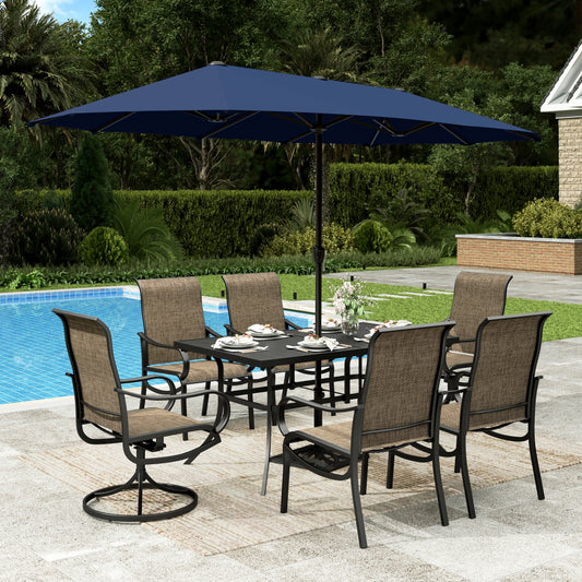 Sophia & William 7Pcs Outdoor Patio Dining Set with 13Ft Navy Blue Umbrella 4 x 22.6inch Highback Textilene Chairs and 2 x Swivel Chairs and Metal Table Furniture Set for 6
