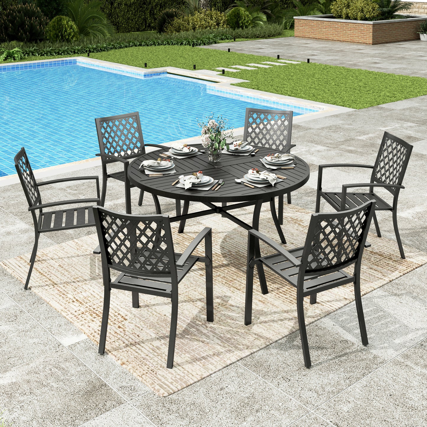 Sophia & William 7 Piece Outdoor Patio Dining Sets Metal 54inch Round Table and Stackable Stackable Chairs Set for 6