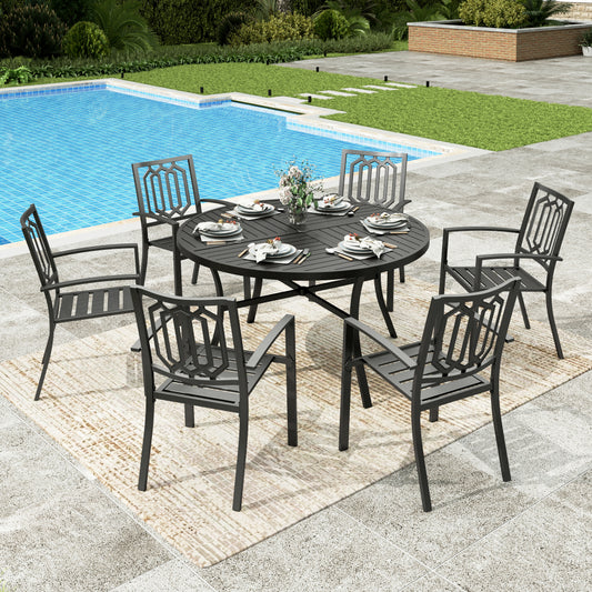Sophia & William 7 Piece Outdoor Patio Dining Sets Metal Patio 54inch Round Table and Black Stackable Chairs Furniture Set for 6-Person
