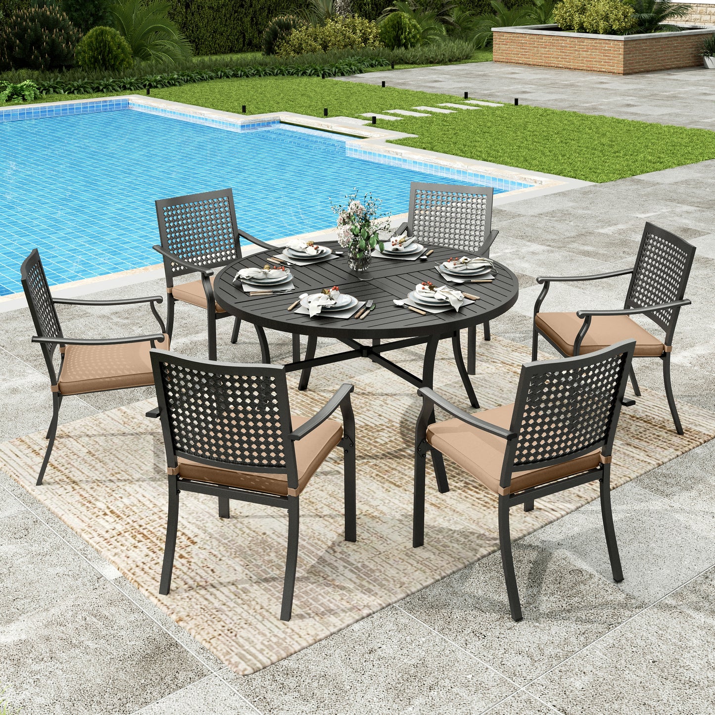 Sophia&William 7Pcs Patio Dining Set Outdoor Metal Cushioned Wider Chairs and 54inch  Round Table for 4