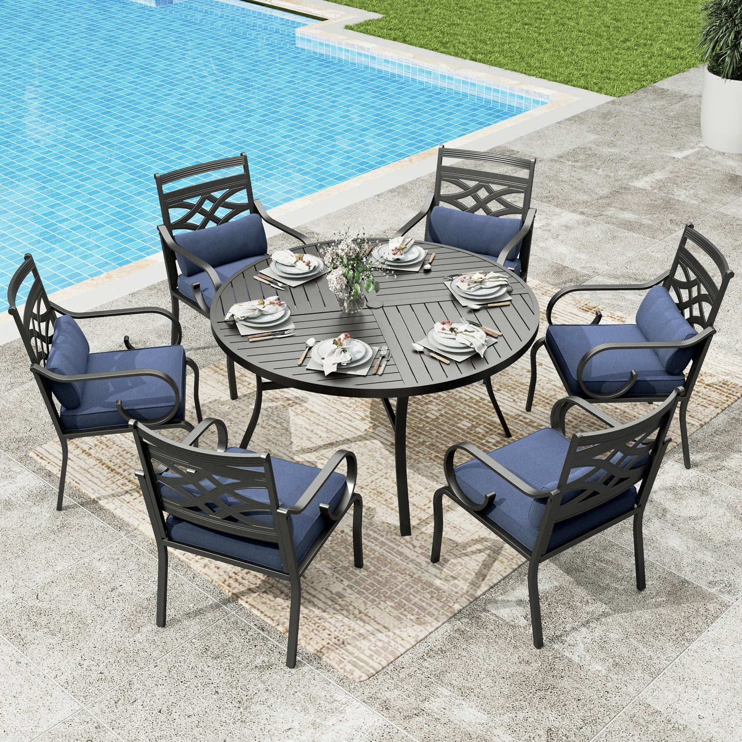 Sophia&William 7Pcs Outdoor Patio Dining Set for 6 Metal Cushioned Chairs and 54  Round Table Set with Cushion, Blue