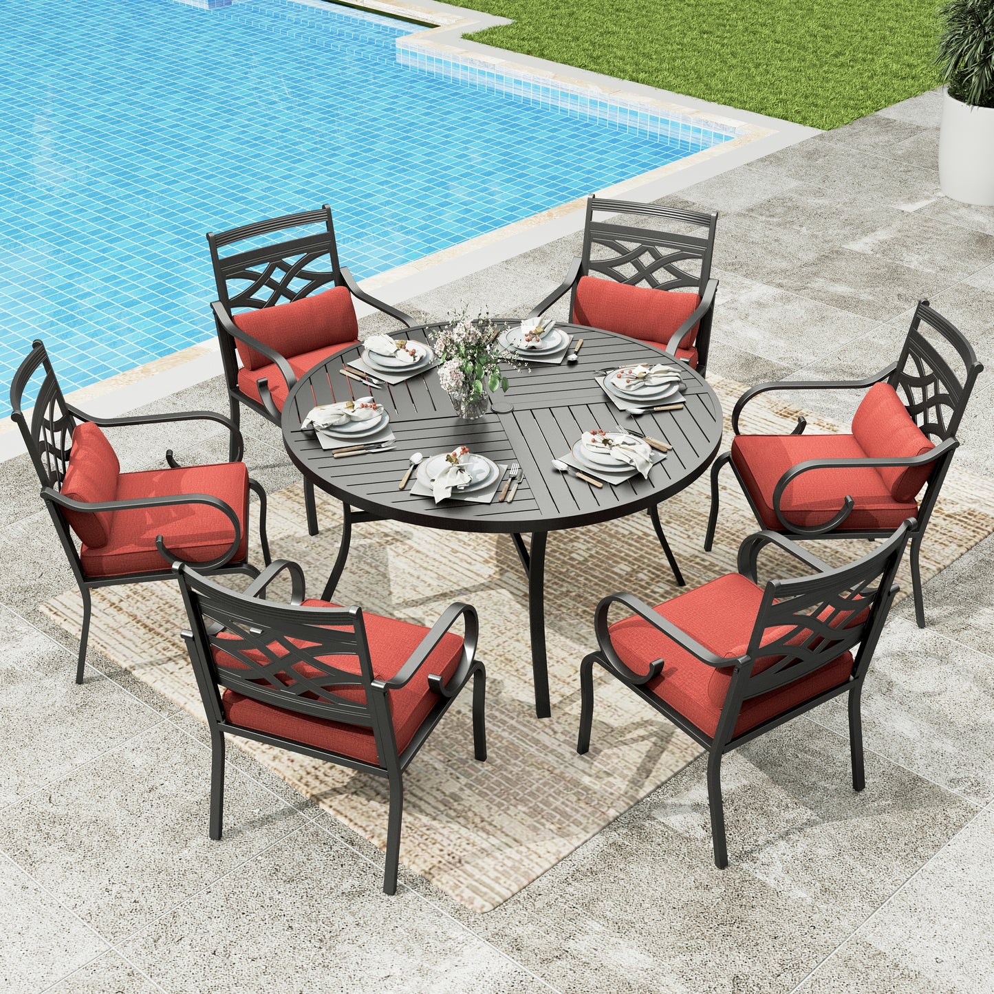 Sophia&William 7Pcs Outdoor Patio Dining Set for 6 Metal Cushioned Chairs and 54  Round Table Set with Cushion, Red
