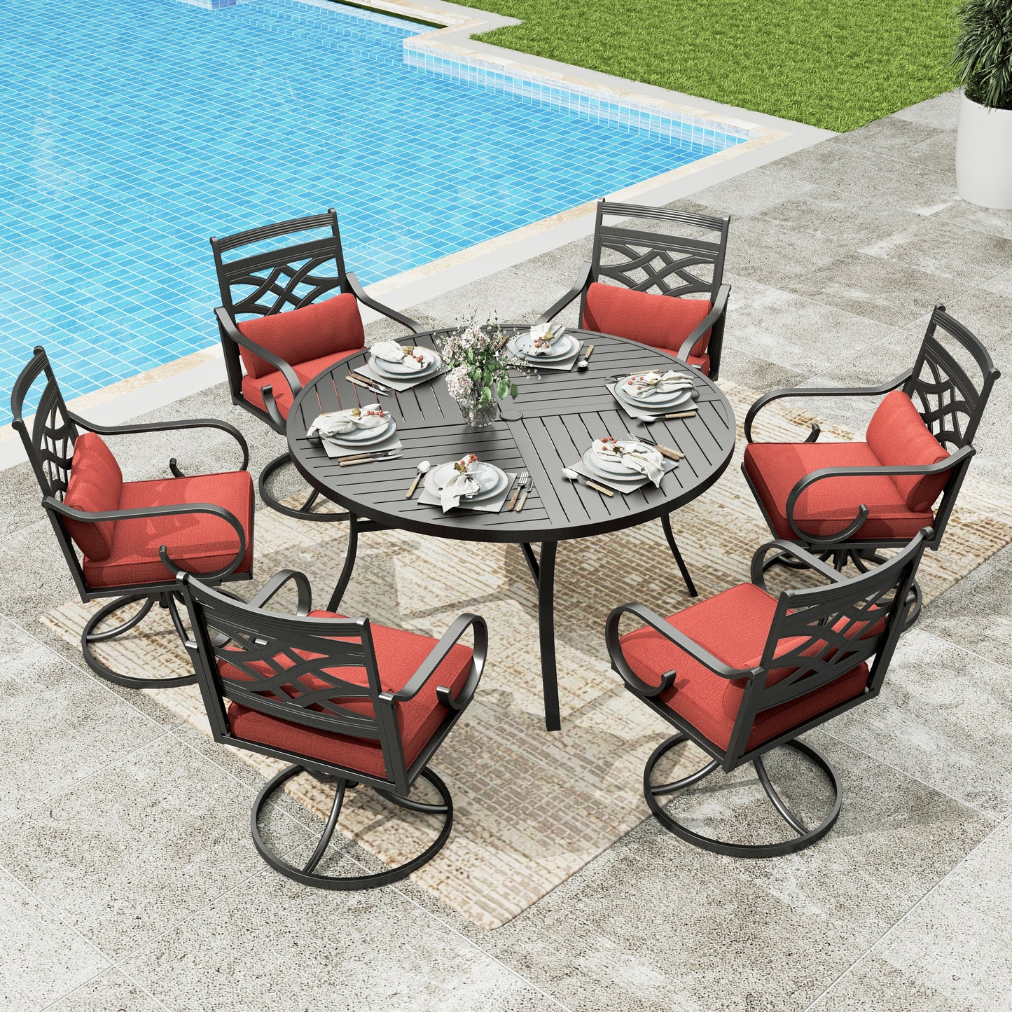 Sophia&William 7Pcs Outdoor Patio Dining Set for 6 Metal Swivel Chairs and 54  Round Table Set with Red Cushion