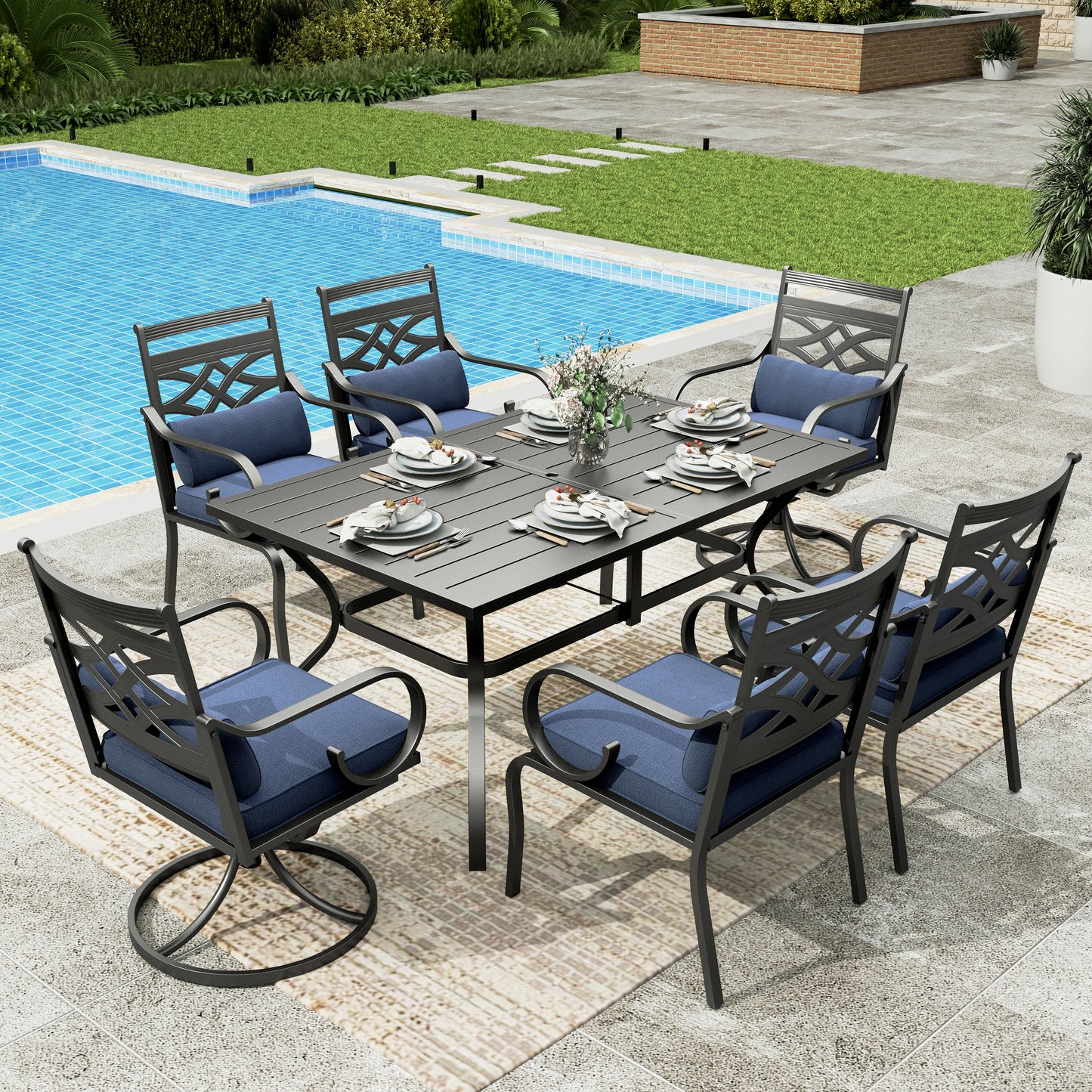 Sophia & William 7 Piece Outdoor Patio Dining Set 60  Rectangular Table and Metal Cushioned Swivel Chairs Furniture Set for 8, Blue