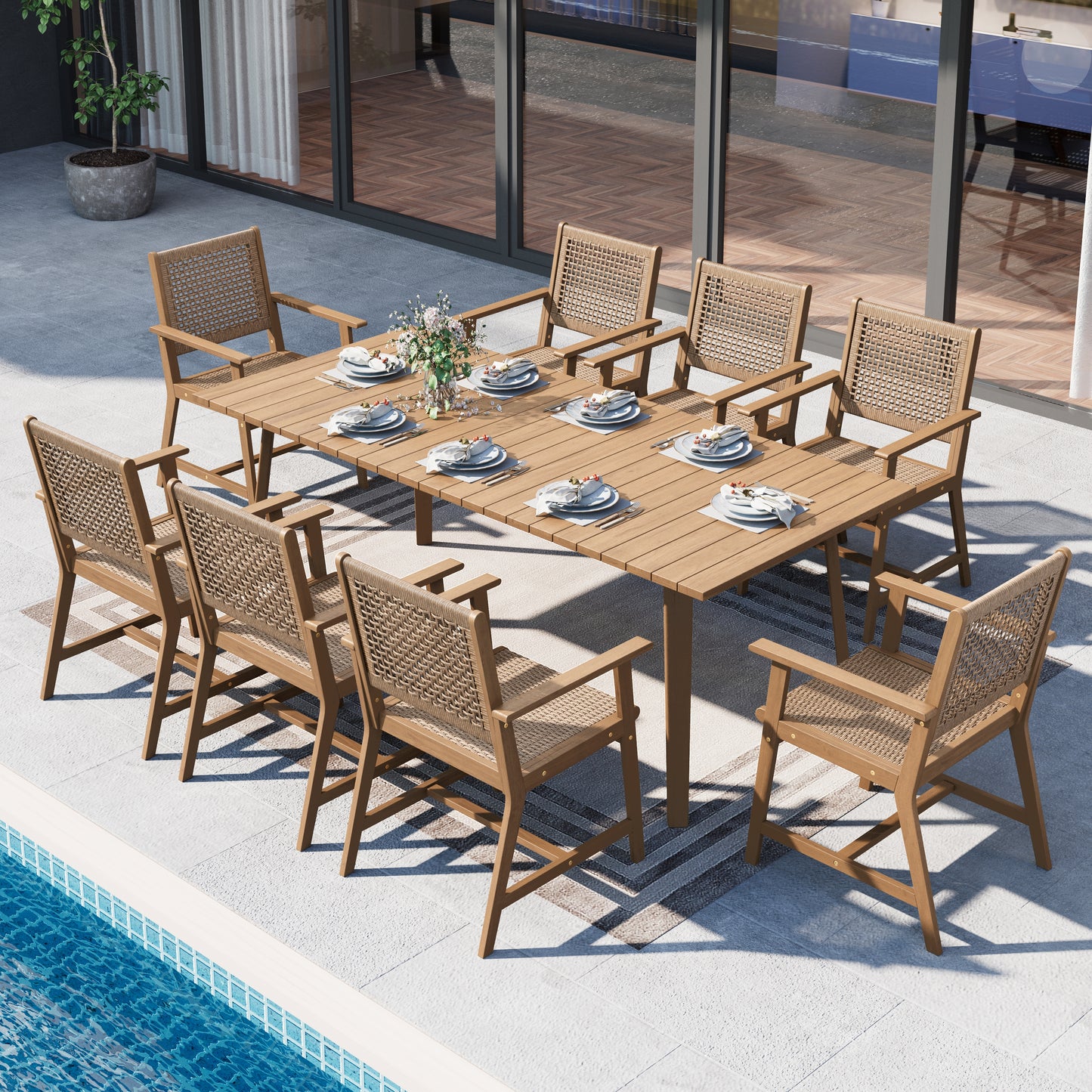 Sophia & William 9 Pieces Acacia Wood Outdoor Patio Dining Set Wicker Rattan Chairs and Rectangle Table Furniture Set for Lawn, Garden, Backyard, Light Brown