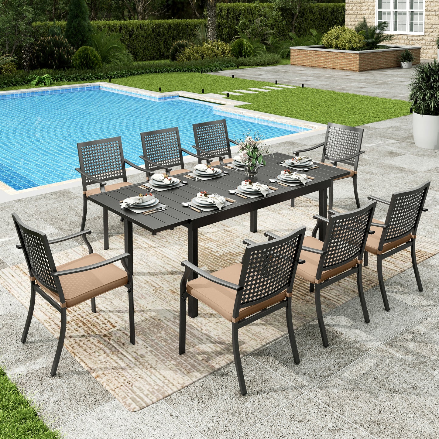 Sophia&William 9Pcs Patio Dining Set Outdoor Metal Cushioned Chairs and Expandable Table Furniture Sets with 3.2inch  Padded Cushion for 8