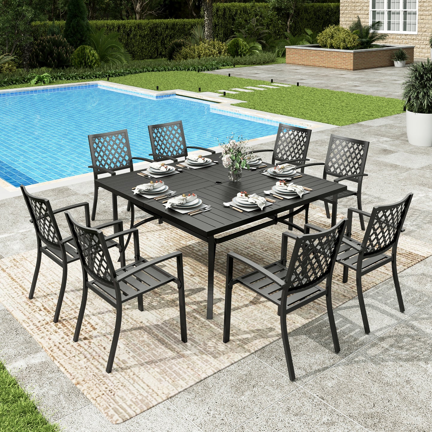 Sophia & William 9 Piece Outdoor Patio Dining Set 57.5inch Square Metal Table and Stackable Chairs Furniture Set for 8, Black