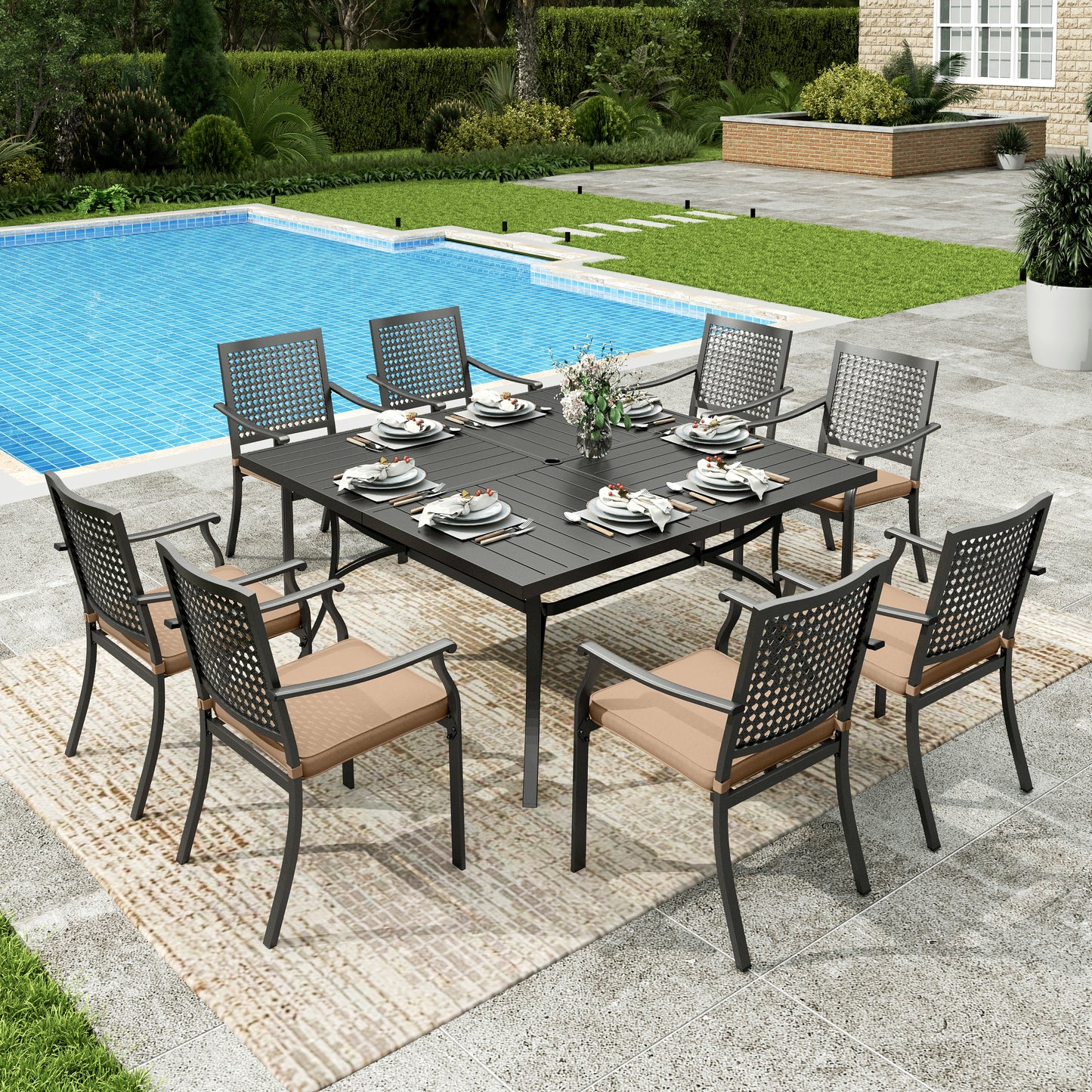 Sophia&William 9Pcs Patio Dining Set Outdoor Metal Cushioned Chairs and 57.5inch  Square Table Furniture Sets with 3.2inch  Padded Cushion for 8