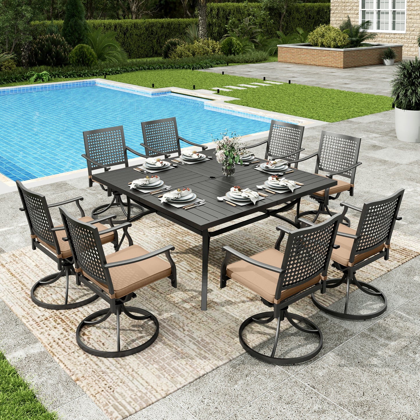 Sophia&William 9Pcs Patio Dining Set Outdoor Metal Swivel Chairs and 57.5inch  Square Table Furniture Sets with 3.2inch  Padded Cushion for 8