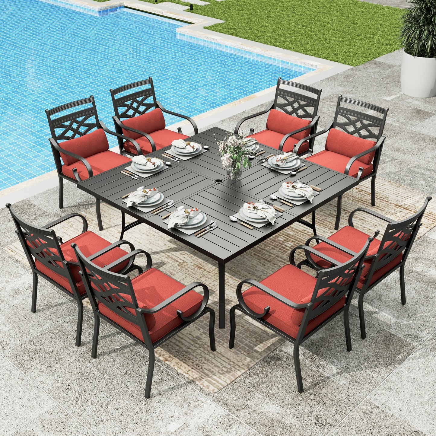 Sophia & William 9 Piece Outdoor Patio Dining Set 60  Square Table and Metal Cushioned Chairs Furniture Set for 8, Beige