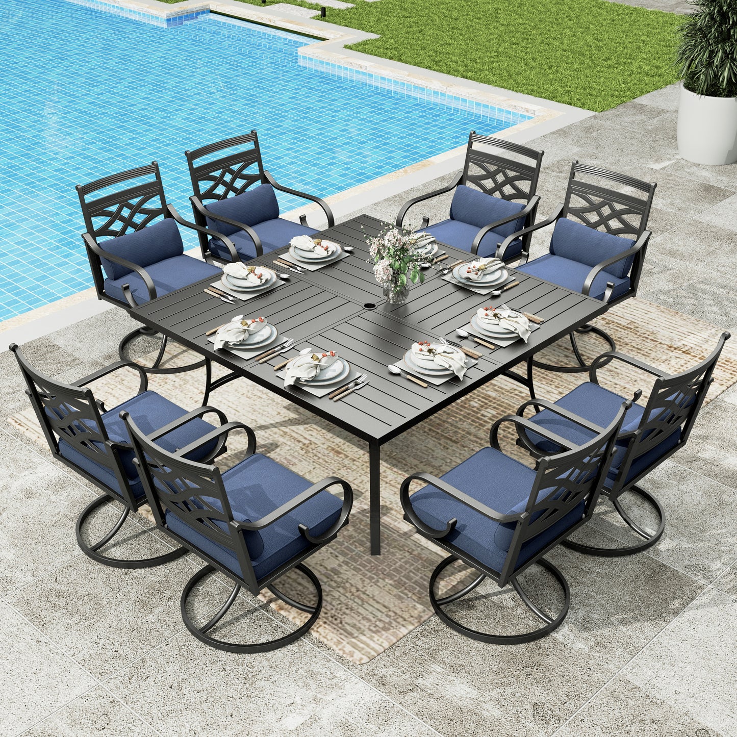Sophia & William 9 Piece Outdoor Metal Patio Dining Set 60  Square Table and Swivel Chairs Furniture Set for 8, Navy Blue